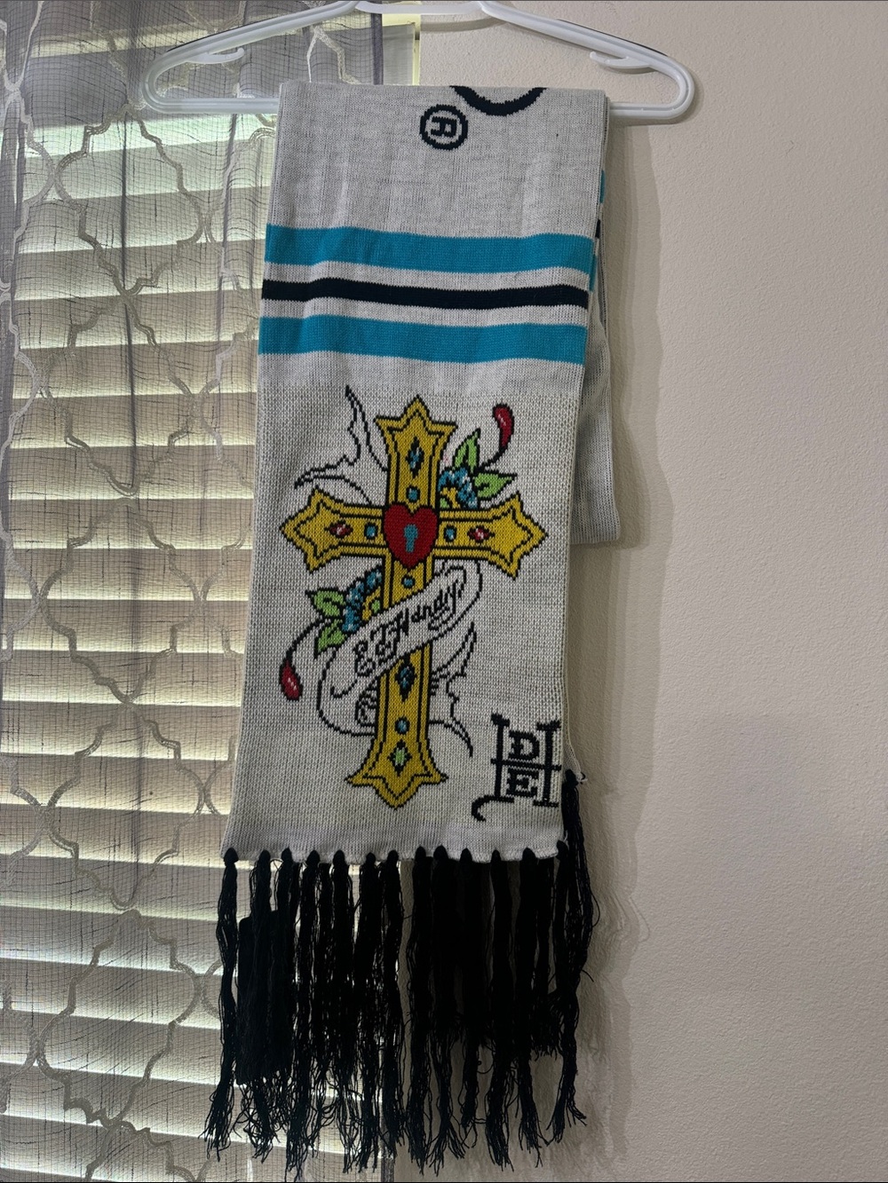 Ed Hardy Scarf with Yellow Cross and Blue Stripes